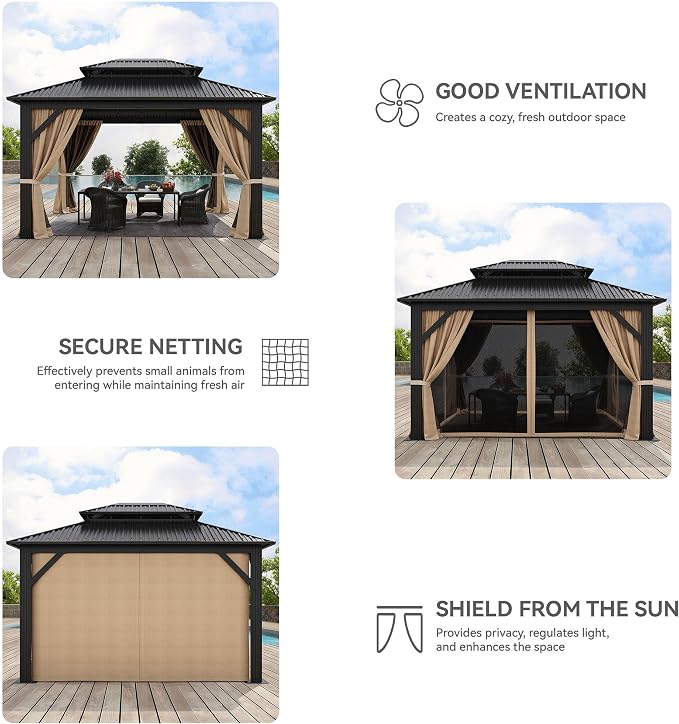 YITAHOME 12x14ft Gazebo Double Roof Hardtop Heavy Duty w/Nettings,Curtains | Upgraded Outdoor Canopy Aluminum Column Galvanized Steel Vertical Stripes Roof for Patio, Backyard, Deck, Lawns, Brown