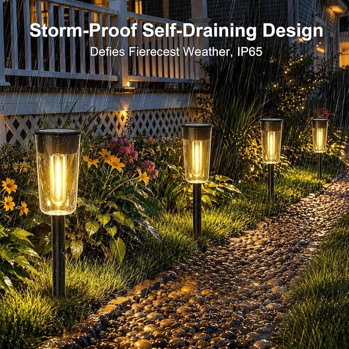 Qualdout 8 Pack Solar Pathway Lights Outdoor, Warm White Solar Garden Lights, IP65 Waterproof Solar Powered Landscape Lights with Auto On/Off, Clear Lens Path Lights for Walkway Yard Patio Driveway