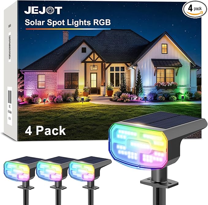 JEJOT Color Changing Solar Spot Lights Outdoor Waterproof IP65,8 Lighting Modes Multicolor RGB Christmas Spotlight for Porches Yard Gardens Landscape Deconrations-4 Pack