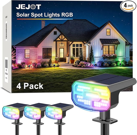 JEJOT Color Changing Solar Spot Lights Outdoor Waterproof IP65,8 Lighting Modes Multicolor RGB Christmas Spotlight for Porches Yard Gardens Landscape Deconrations-4 Pack