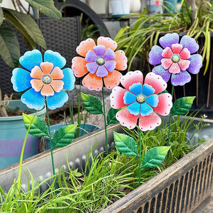 Metal Flowers for Outside, 4 Pcs 16.5 Inch Decorative Garden Stakes, Hand Painted Tin Metal Garden Decor with Glitter, Weather Resistant Outdoor Art for Patio Lawn Yard