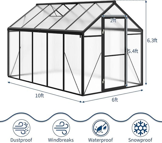 Greenhouse, 6x10 Ft Outdoor Greenhouses, Green House Kit, Portablee Greenhouse with Ground Nails and Vent Windows, Sliding Lockable Door, Polycarbonate Green House for Outside Garden Backyard, Black