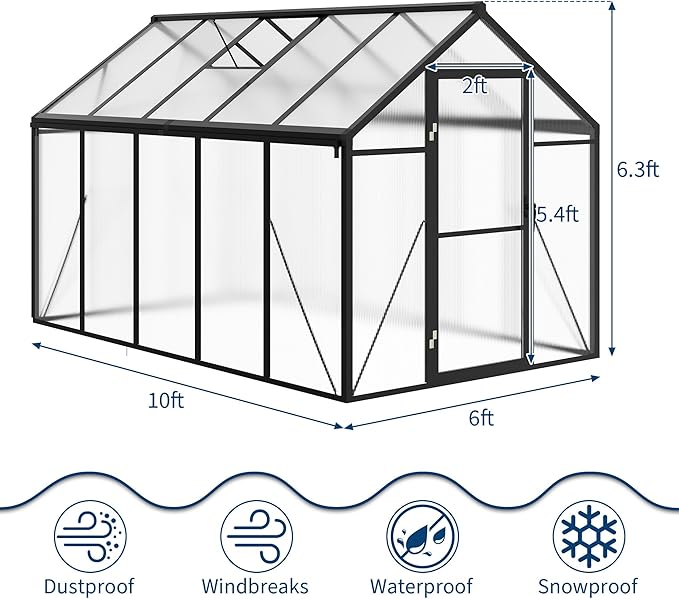 6x10 FT Greenhouse, Greenhouses for Outside, Polycarbonate Greenhouse with Aluminum Frame, Lockable Door and Ajustable Roof Vent for Backyard, Green Houses for Outside Garden Backyard, Patio