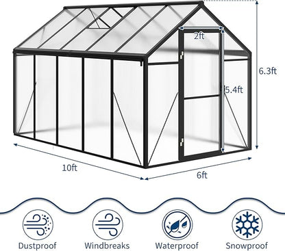 6x10 FT Greenhouse, Greenhouses for Outside, Polycarbonate Greenhouse with Aluminum Frame, Lockable Door and Ajustable Roof Vent for Backyard, Green Houses for Outside Garden Backyard, Patio