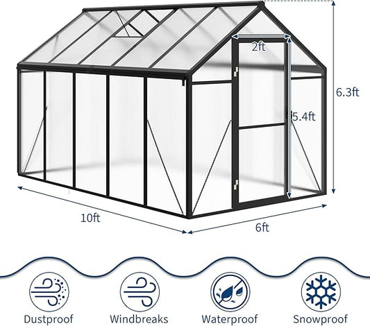 6x10 FT Greenhouse, Greenhouses for Outside, Polycarbonate Greenhouse with Aluminum Frame, Lockable Door and Ajustable Roof Vent for Backyard, Green Houses for Outside Garden Backyard, Patio