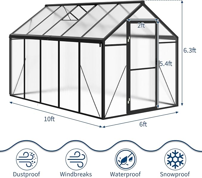 6X10 Ft Polycarbonate Greenhouse Sunroom with Aluminum Frame, Outdoor Greenhouse for Vegetables Herbs Flowers, Lockable Door & Adjustable Roof Vent, Patio Backyard Greenhouse Kit for Gardening, Black