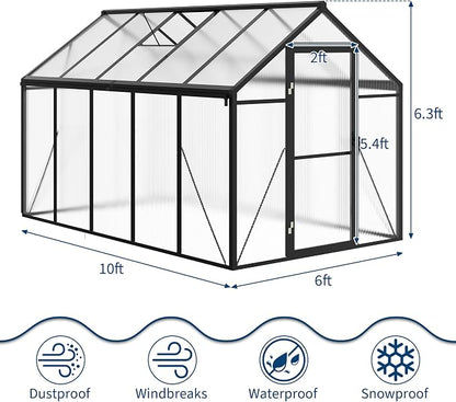 6X10 Ft Polycarbonate Greenhouse Sunroom with Aluminum Frame, Outdoor Greenhouse for Vegetables Herbs Flowers, Lockable Door & Adjustable Roof Vent, Patio Backyard Greenhouse Kit for Gardening, Black