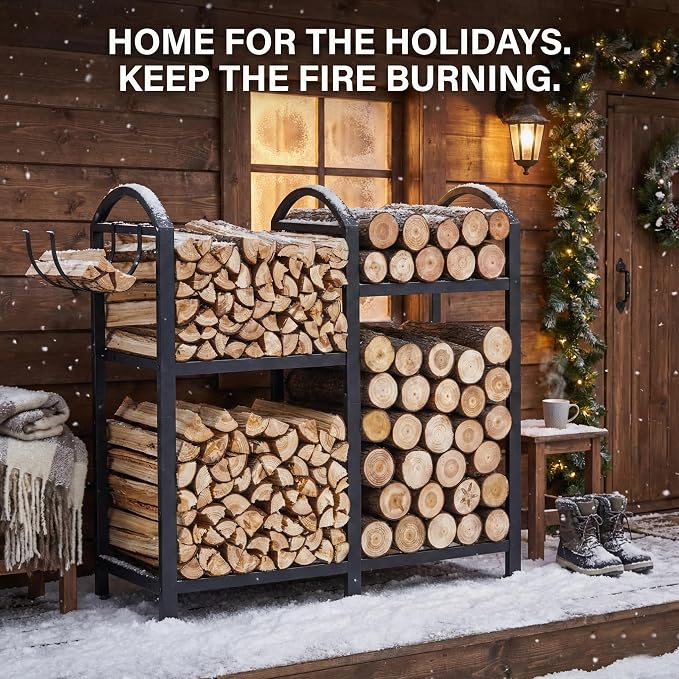 Firewood Rack Indoor Outdoor With Hooks, 31inch Firewood Rack, 2-Tier log holders for firewood outdoor, Fireplace Wood holder Indoor, Adjustable Small Fire Wood Storage