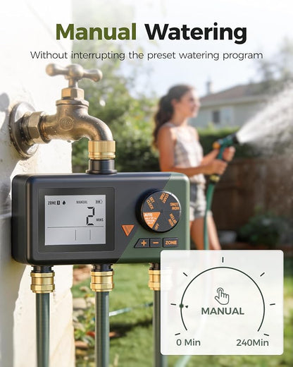 Diivoo Brass 3 Zone Sprinkler Timer, Programmable Hose Timers for Watering | Large Display, Rain Delay & Manual Mode, for Outdoor Automatic Irrigation of Garden, Lawn, Yard