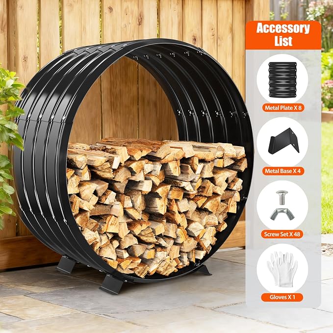 32" Firewood Rack with Roof Cover, Indoor & Outdoor Log Holder Keeps Firewood Dry, Clean & Organized for Fireplace, Patio & Backyard, Heavy-Duty Steel Wood Storage Rack, 500LBS Capacity