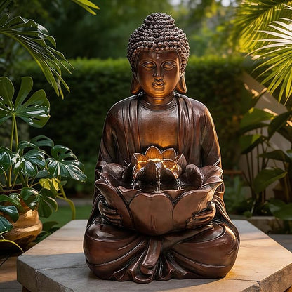 AUTODAYA 18.9" H Buddha Statue Outdoor Water Fountain with Warm LED Lights | Zen Style Garden Fountain with Relaxing Waterfall for Patio, Porch, or Yard Decor, Faux Bronze