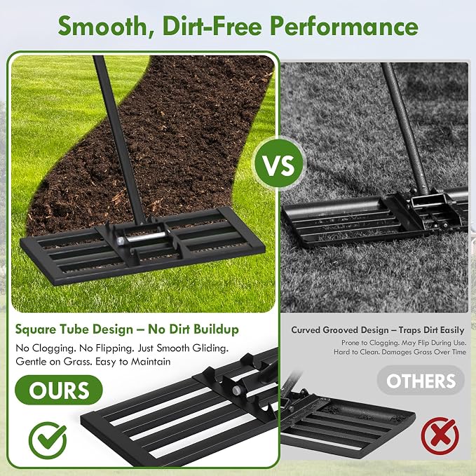 Seeutek Lawn Leveling Rake, 17" x 10" Heavy Duty Ground Leveler | with 0-180° Adjustable Handle, 6.5FT Steel Handle Lawn Leveler for Yard Garden Golf, Ease Level Soil Sand Dirt Surface