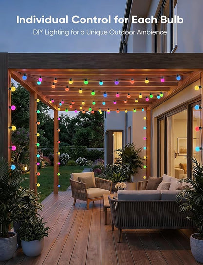 APPECK RGBW Outdoor String Lights 150ft for Patio, with 75 LED Bulbs | IP65 Waterproof, 111 Scene Modes, Dimmable Warm White, Individual Control, Music Sync, Compatible with Alexa & Google