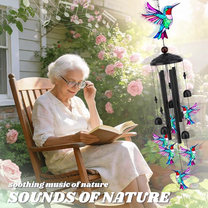 Hummingbird Wind Chimes for Outside, Metal Wind Chimes Outdoor for Patio Porch Yard Garden, Hummingbird Gifts for Women, Mothers Day Birthday Memorial Gifts for Mom Grandma Wife, Outdoor Decor
