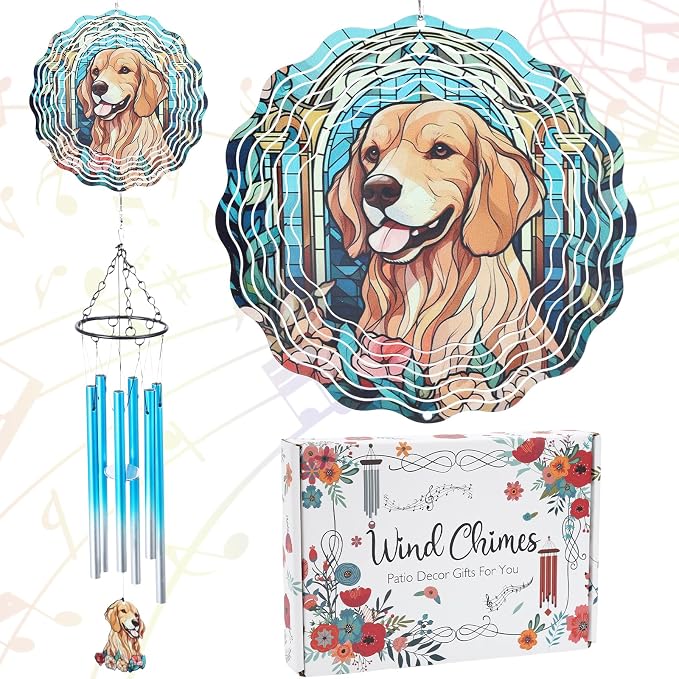 Dog Metal Wind Chimes - Windchimes with Wind 3D Spinners Outdoors | Golden Retriever Art Hanging Decor for Garden Patio Yard Indoor Balcony Home Birthday Gifts for Women Dogs Mom Friends