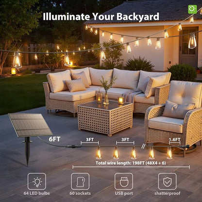 KYY 198FT(192+6) Solar String Lights Outdoor Waterproof with USB Charging & Remote, Dimmable & Timable, Solar Powered Patio Lights with LED Shatterproof Bulbs for Deck Backyard Porch Garden Camping