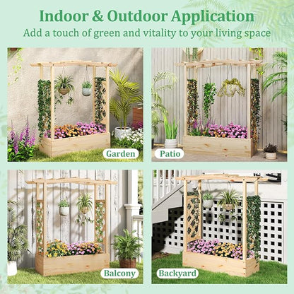 HAPPYGRILL Raised Garden Bed with Trellis, 2 Wood Planter Box w/Hanging Roof, Drainage System, Elevated Garden Box for Climbing Vine, Outdoor Planter w/Trellis for Patio Balcony, 44" x 14" x 45"