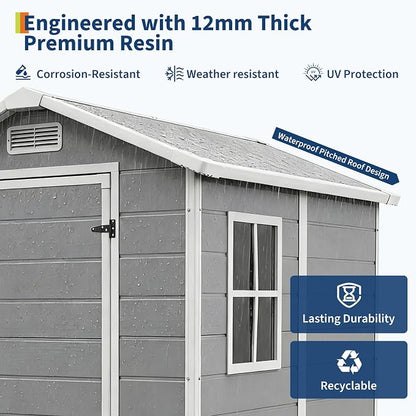 4x6 ft Outdoor Resin Storage Shed with Floor, Lockable Door & Window, Sloping Roof, Plastic Outdoor Sheds with Floor Garden Shed for Backyard Patio Lawn Mower Bike Tool Storage