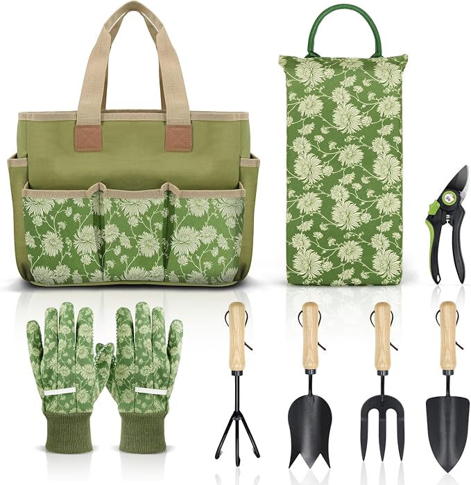 Colwelt Garden Tools Set, 8 Piece, Heavy Duty Gardening Tools with Wooden Handle, Including Garden Tote, Kneeling Pad, Gloves, Pruner, Trowel, Tulip Trowel, Cultivator - Gardening Gifts for Women Men