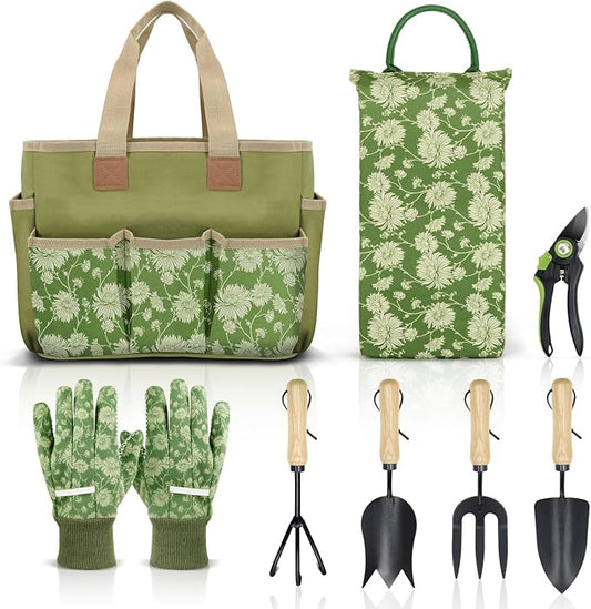 Colwelt Garden Tools Set, 8 Piece, Heavy Duty Gardening Tools with Wooden Handle, Including Garden Tote, Kneeling Pad, Gloves, Pruner, Trowel, Tulip Trowel, Cultivator - Gardening Gifts for Women Men