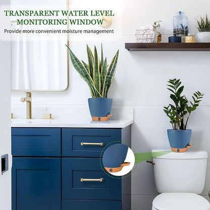 Self Watering Pots for Inoor Ourdoor Plants 10/9/8/7/6.5 Inch Plastic Planters with Drainage Holes & Water Level Indicator, Decorative House Flower Nursery Planting Pots with Saucers (Navy Blue)