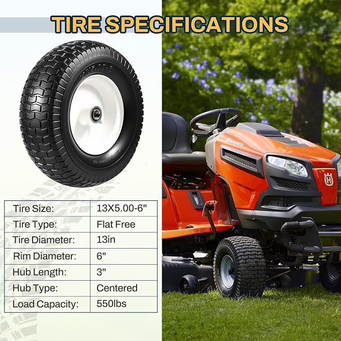 13x5.00-6 Flat Free Tire and Wheel Assemblies, 13x5-6 Solid Rubbe Tires and Wheel for Riding Lawn Mower - With 3/4" Bushings & 5/8" Bearings, 3" Centered Hub, 2 Pack
