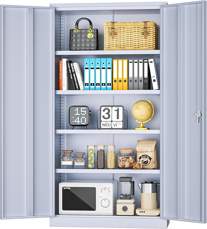 INTERGREAT Metal Storage Cabinet with Doors, 72" Locking Steel Storage Cabinet with Shelves, Tall Metal Cabinet Lockable Steel Cabinets for Home Office, Garage,(Cement)