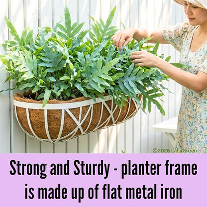 LaLaGreen 30 Inch, 2 Pack White Metal Window Planters-Wall Mount Flower Pots for Outdoor with Coco Coir Liner, Attach to House Flower Boxes Hanging Walls Plant Holders for Fence Balcony Porch, Patio