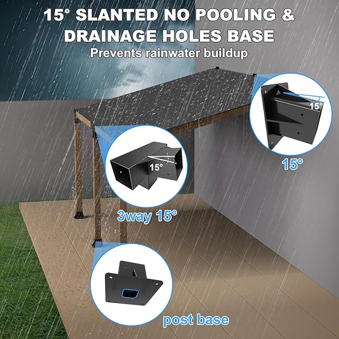 15° Lean Pergola Kit 4x4(Inner 3.64x3.64), 4-Way Slanted Pergola Roof Bracket, Post Base-Angled 4x4 Wood Post Bracket-DIY Gazebo Brackets-Hardware Kit for Outdoor Wood Beam Post Sunroom Carport Cabin
