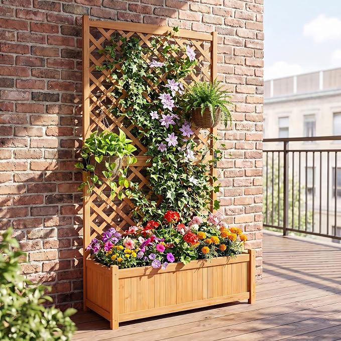 HAPPYGRILL Raised Garden Bed with Trellis, 71" Planter Raised Bed with Drainage Holes, Freestanding Garden Planter for Vine Climbing Plants, Wooden Planter Box for Yard Balcony(1, Yellow)