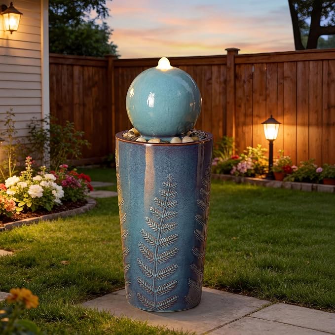 Autodaya 30" Ceramic Sphere Water Fountain with LED Lights, Teal Blue Glaze | Modern Nature-Inspired Design with Leaf Patterns & Pebbles, Soothing Trickling Water Feature for Patio, Yard, Garden, Porch