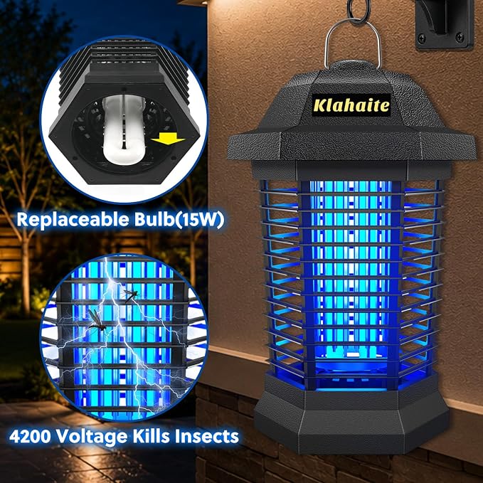 Klahaite Bug Zapper Outdoor, Electric Mosquito Zapper, Fly Zapper Indoor Fly Traps, Mosquito Repellent Outdoor Patio & Backyard Covers 1/2 Acre, 4200V 3 Prong Plug, ABS Fireproof Plastic Outer
