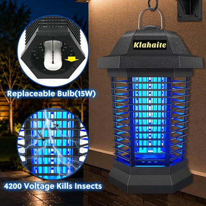 Klahaite Bug Zapper Outdoor, Electric Mosquito Zapper, Fly Zapper Indoor Fly Traps, Mosquito Repellent Outdoor Patio & Backyard Covers 1/2 Acre, 4200V 3 Prong Plug, ABS Fireproof Plastic Outer