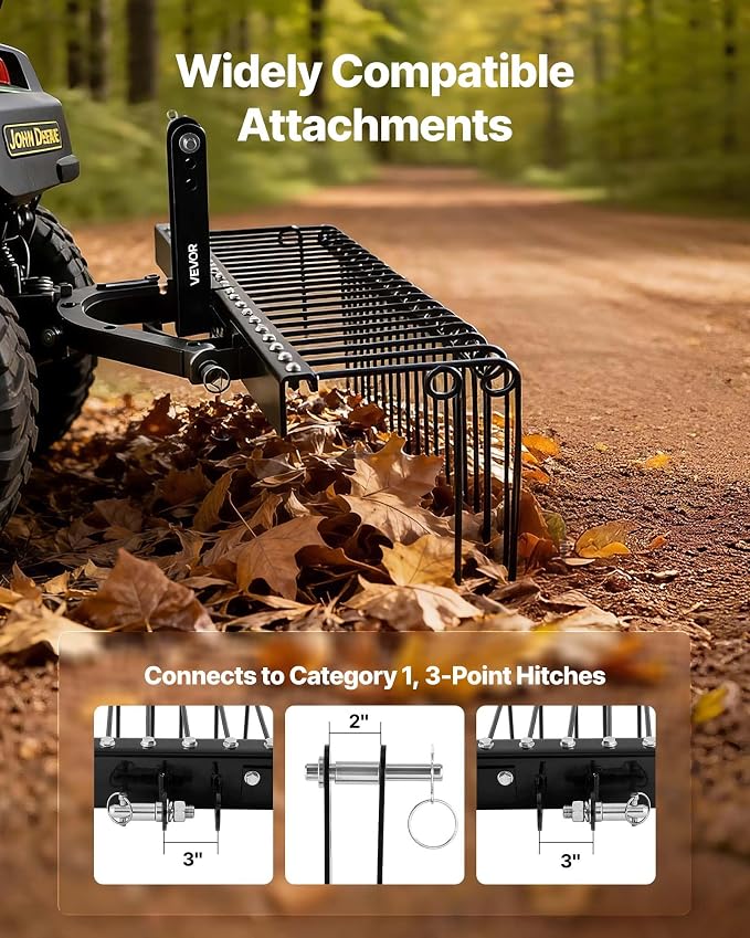 VEVOR 60 in Tow Behind Landscape Rake, 3 Point Hitch Lawn Dethatcher Rake, 26 Spring Steel Tines, for Category 1 Tractors, Heavy Duty & Rust-Resistant Rakes Tractor Attachments for Leaves Pine Needles