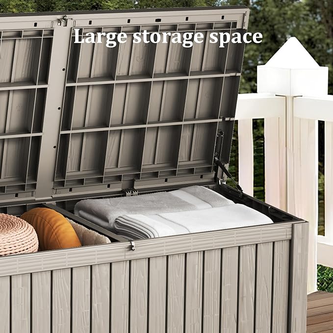 200 Gallon Outdoor Deck Box Waterproof, Large Storage Box for Patio, Resin Storage Bench Lockable for Garden Tools, Package Delivery, Grey