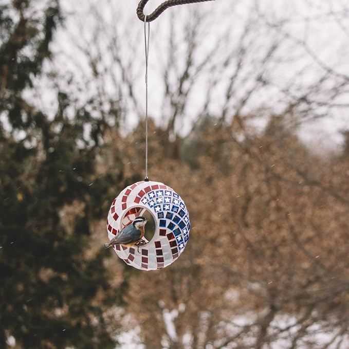Backyard Expressions Hanging Glass Bird Feeder - Patriotic - Fly Through Bird Feeders for Outside, Mosaic Bird Feeder, Round Shape Wild Birdfeeder