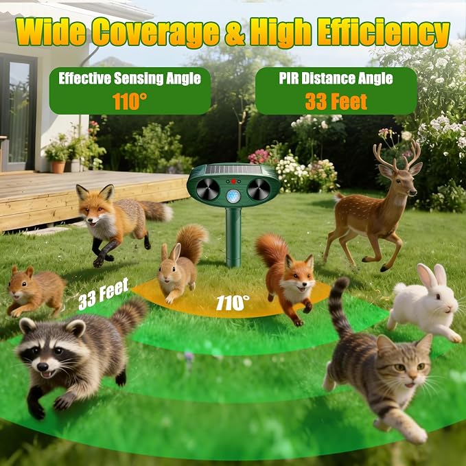 2026 Solar Ultrasonic Animal Repellent Outdoor Motion Activated Cat Deer RepellenSquirrel Raccoon Skunk Rabbit Dog Bird Deterrents Animal Repeller for Garden Yard (2 Pack)