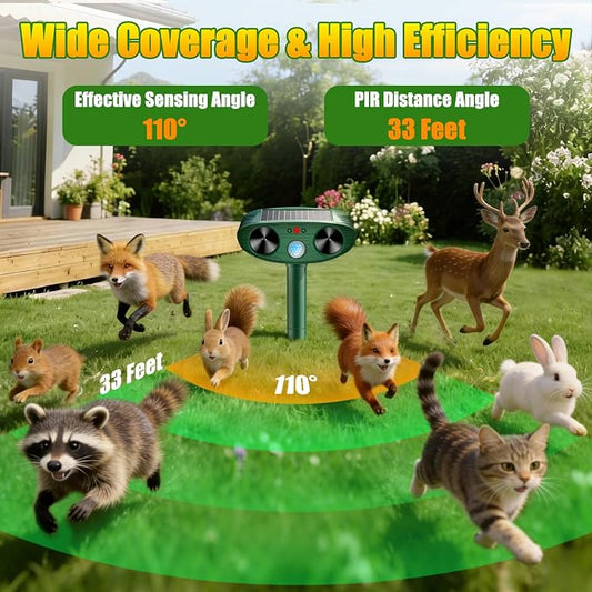 2026 Upgraded Solar Ultrasonic Animal Repellent Outdoor, Deer Repellent Devices Outdoor, Cat Repellent Waterproof with Motion Sensor, Squirrel Raccoon Skunk Deterrents for Yard (2-Pack)