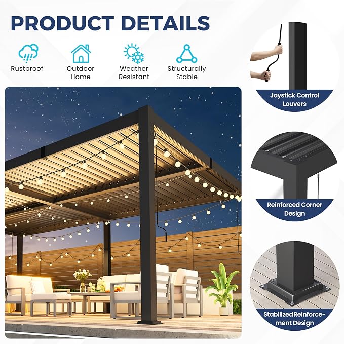 12' x 20' Louvered Pergola, Aluminum Frame Outdoor Pergola with Adjustable Louvered Roof & Integrated Gutter System, Hardtop Patio Gazebo for Backyard, Patio, Garden, Dark Gray