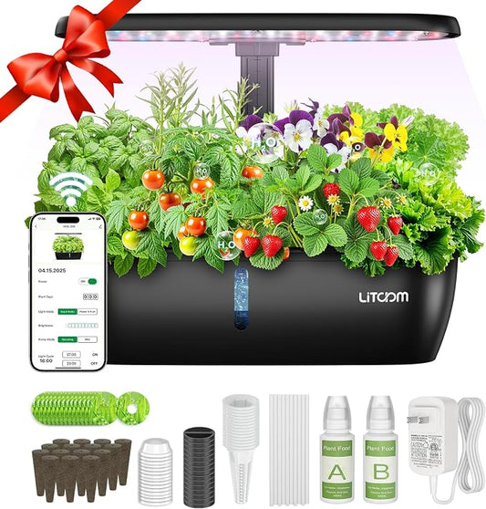 litokam Hydroponics Growing System Kit, 15 Pods Indoor Herb Garden with Smart APP & Quiet Pump, 24W LED Light, Auto Timer, Indoor Garden for Herbs, Vegetables & Flowers, Ideal Gift for Plant Lovers