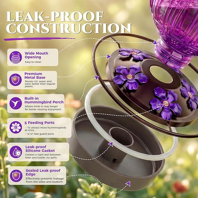 2 Pack Glass Hummingbird Feeder for Outdoors Hanging, Bird Nectar Feeder with Perch & 5 Flower Feeding Ports, 26 Oz Leak Proof for Outside Garden Decor Backyard, Gifts for Women Mom, Purple