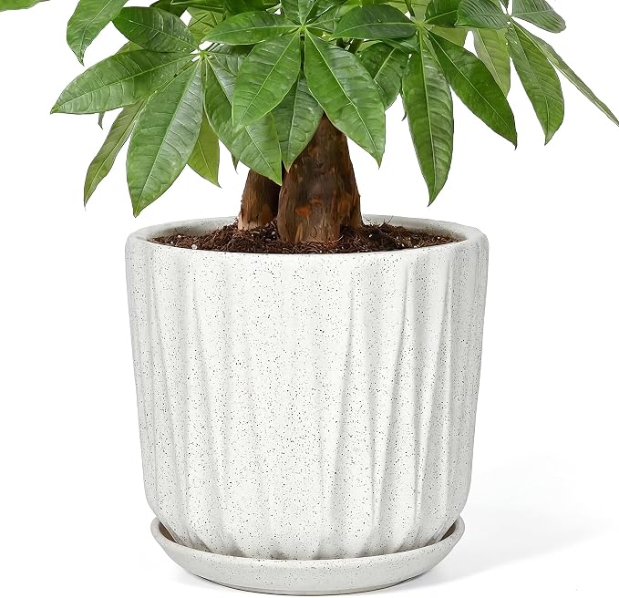 10 Inch Ceramic Planter Pot with Saucer Drainage Leak-Proof Mesh,Flower Pots for Indoor Plants with Gardening Gloves,Ceramic Planter(Waxen White)