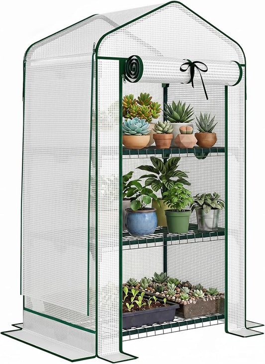 Outsunny 3 Tier Mini Greenhouse with Screen Roof, 27.6" x 19.7" x 50", Portable Small Greenhouse with High Strength PE Cover, Roll-Up Zipper Door for Garden Yard Backyard, White