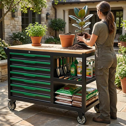 7-Drawers Professional Tool Cart Cabinet,Rolling Tool Chest with Double Shelves,Wood Workbench,Brake Wheels,51.1W x 18.9D x 32.3H inches for Garage, Workshop, or Outdoor Use(7 Drawers)