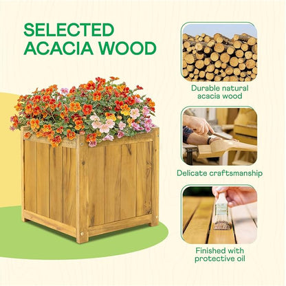 Idzo Acacia Wood Flower Planter Box for Outdoor Plants, 1pc Wooden Raised Garden Bed with Handles, Drainage Holes, Ideal for Garden and Home Décor, Golden Teak