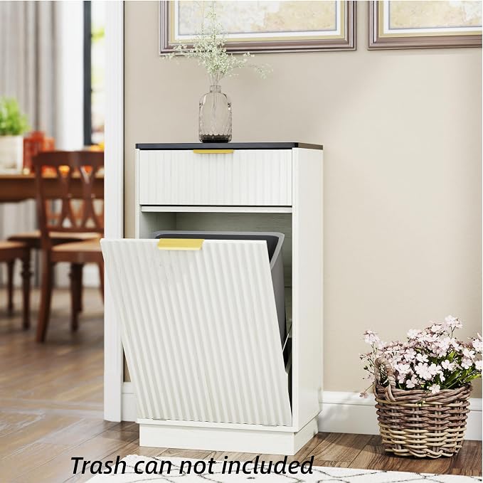 Ball & Cast 10-Gallon Tilt Out Trash Can Cabinet with Hideaway Drawer, Wooden Freestanding Garbage & Recycling Cabinet, Wave-Textured Pull-Out Bin for Kitchen, Bathroom, Living Room (White)