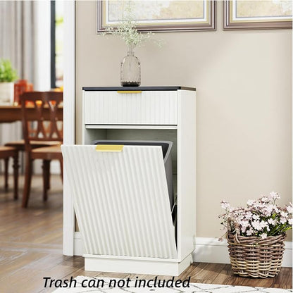 Ball & Cast 10-Gallon Tilt Out Trash Can Cabinet with Hideaway Drawer, Wooden Freestanding Garbage & Recycling Cabinet, Wave-Textured Pull-Out Bin for Kitchen, Bathroom, Living Room (White)