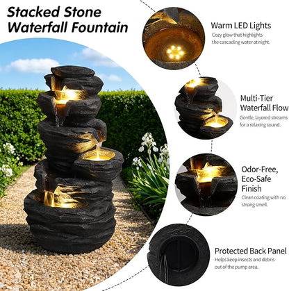 25.6" Outdoor Rock Water Fountain, Garden Water Feature, Outdoor Fountain with LED Lights, Multi Tier Cascading freestanding Water Fountain, Suitable for Patio Yard Porch Landscape, Black