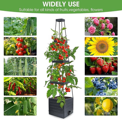 MYMULIKE Raised Garden Bed 4 Packs, Planter Boxes with Trellis 58.3'' Tomato Planters for Climbing Vine Vegetables Flowers Plants Self Watering Tomatoes Cage for Outdoor Patio Greenhouse