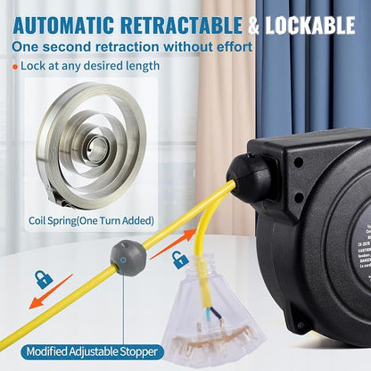 VEVOR Retractable Extension Cord Reel, 30 FT, Heavy Duty 16AWG/3C SJTOW Retractable Power Cord Reel with Lighted Triple Tap Outlet 10 Amp Circuit Breaker 4.5FT Lead-in Cord, for Ceiling or Wall Mount